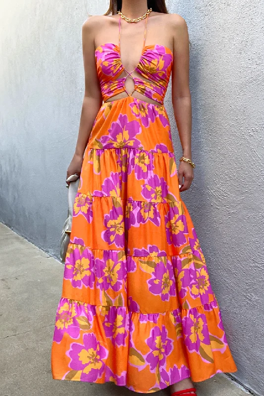 Women's maxi dress breathable -Orchids Maxi Dress - Orange Floral