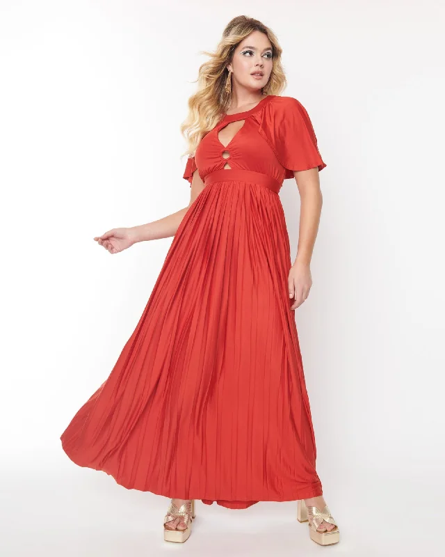 Women's maxi dress chiffon -Smak Parlour Rust Red Pleated Cape Maxi Dress | Red