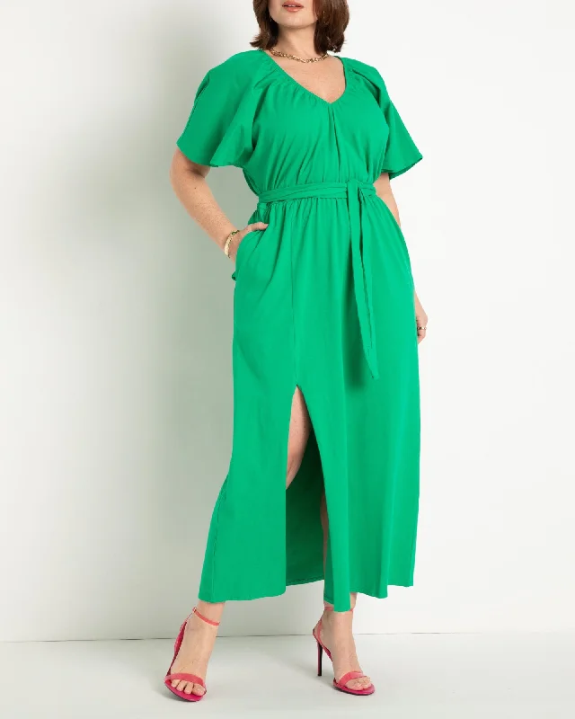 Women's maxi dress graduation -Knit Maxi Dress With Slit- Bright Green | Bright Green