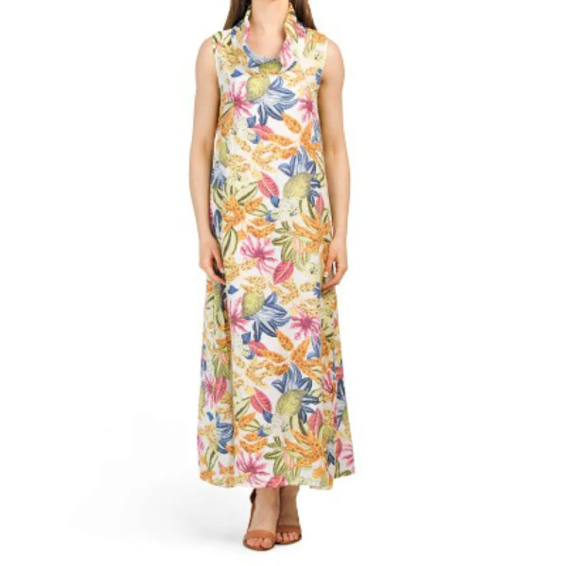 Women's maxi dress warm weather -Francesca Bettini Women's Cowl Neck Tropical Print Linen Maxi Dress