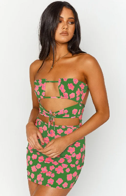 Women's mini dress camouflage -Chantria Green Floral Strapless Mini Dress