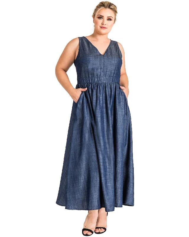 Women's maxi dress tropical -Julia A-Line Denim Maxi Dress | Blue