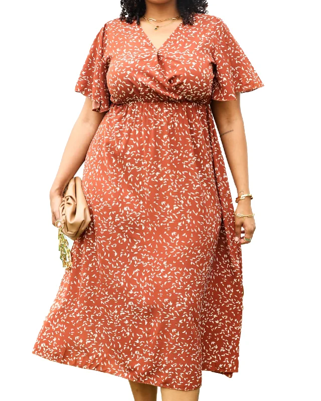 Women's maxi dress three quarter sleeve -V-Neck White Floral Print Wrap Maxi Dress | Orange