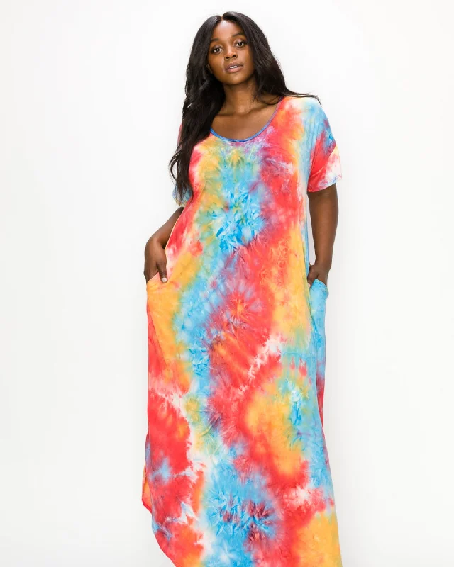 Women's maxi dress green -Ruby Tie Dye Maxi Dress | Aqua/Tangerine/Br Coral Tie Dye