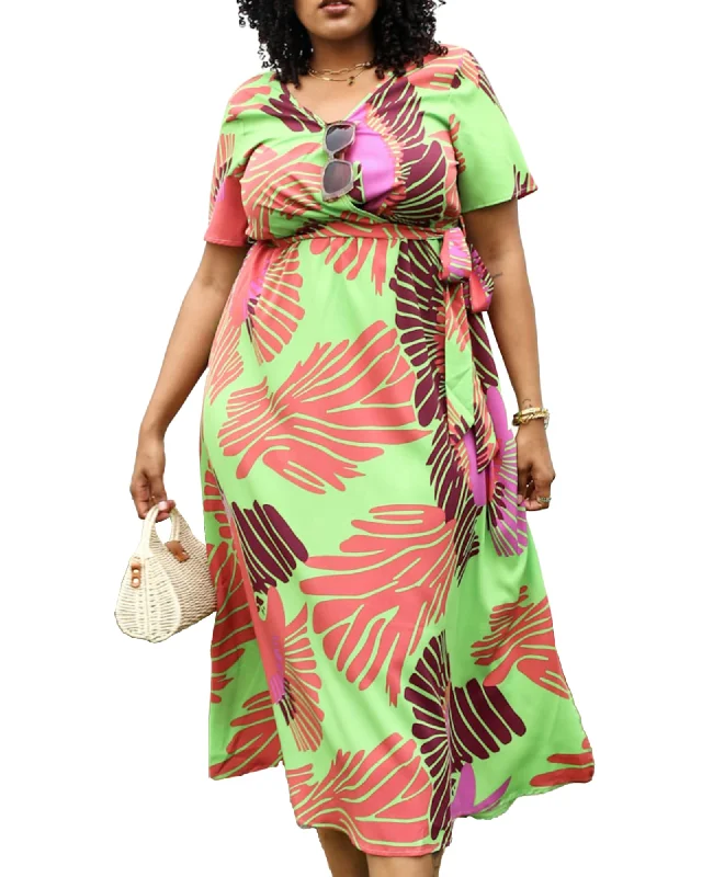 Women's maxi dress puff sleeve -Tropical Floral Tie Waist Flowy Maxi Dress | Green