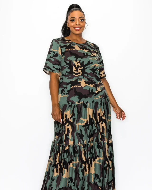 Women's maxi dress grunge -Remi Camo Tiered Maxi Dress | Olive/Taupe