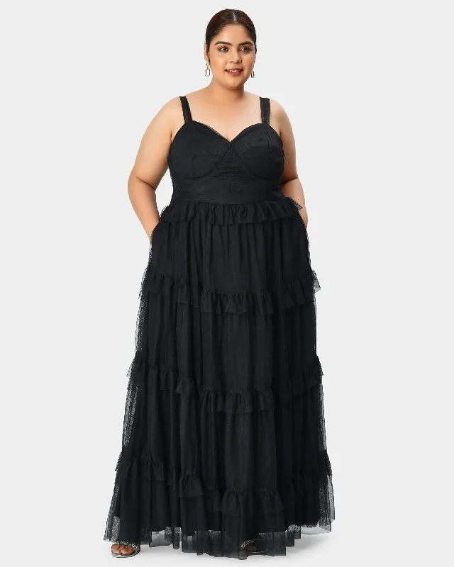 Women's maxi dress heart print -Corset-style sheer tulle maxi tiered dress | Black