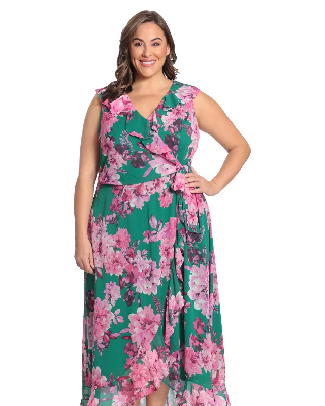 Women's maxi dress neon -Floral side tie ruffle wrap maxi dress | Green