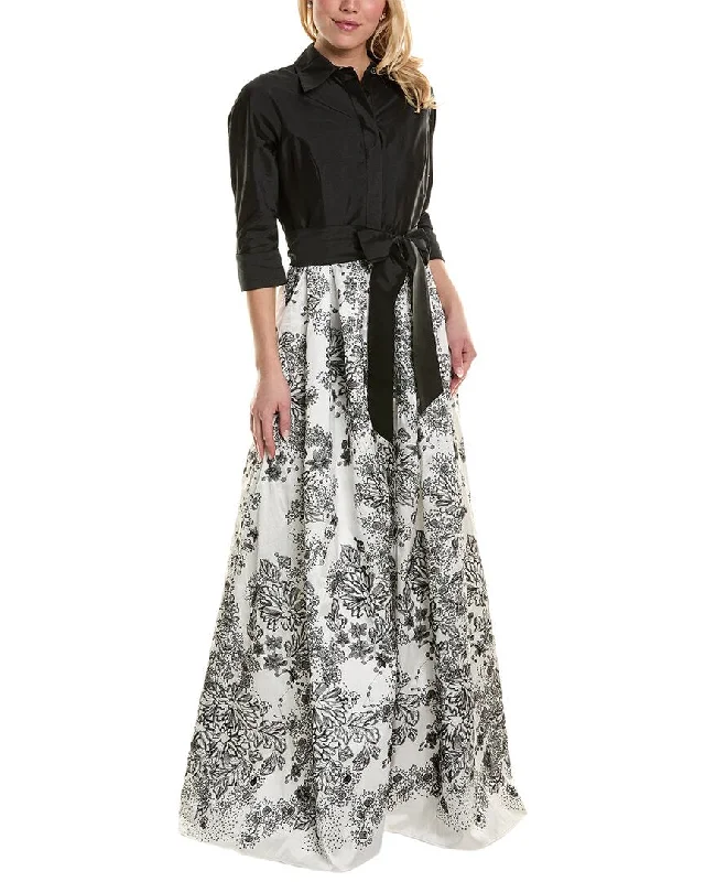 Women's shirt dress notched collar -Teri Jon by Rickie Freeman Embroidered Shirt Gown