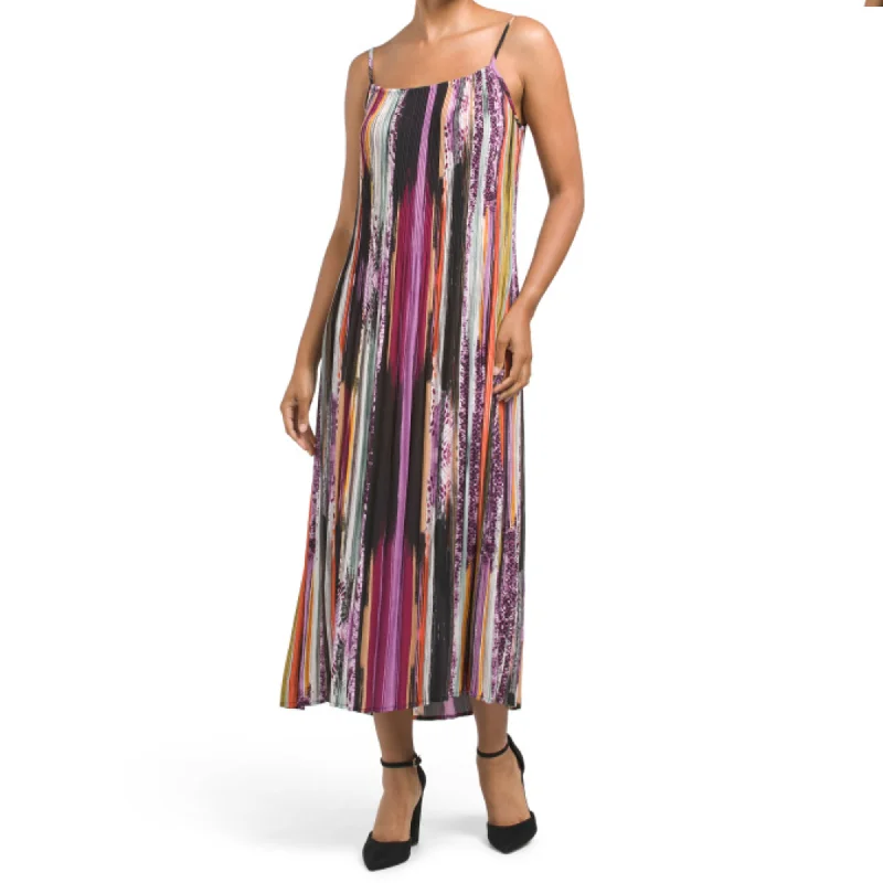 Women's maxi dress balloon sleeve -Nicole Miller Women's Multi Color Abstract Stripe Summer Maxi Dress