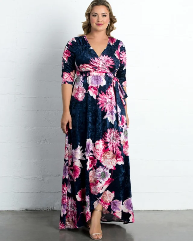 Women's maxi dress flared -Cara Velvet Wrap Maxi Dress | NAVY FLORAL