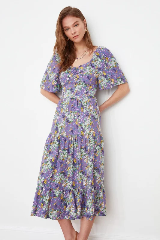 Ladies midi dress dinner party -Purple Floral Woven Midi Dress