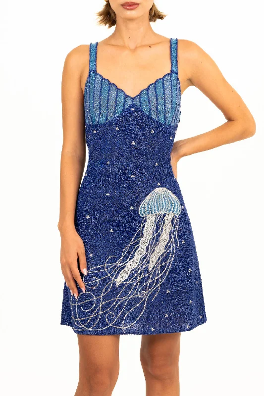 Women's mini dress solid color -Jellyfish Currents Hand Beaded Mini Dress