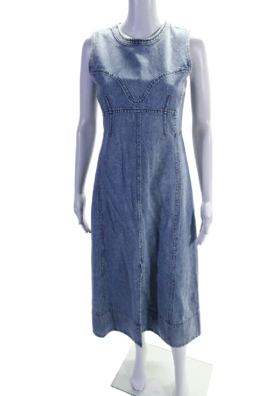 Ladies sleeveless dress cheerful -Tanya Taylor Womens Denim Sleeveless Front Slit A Line Marion Dress Blue