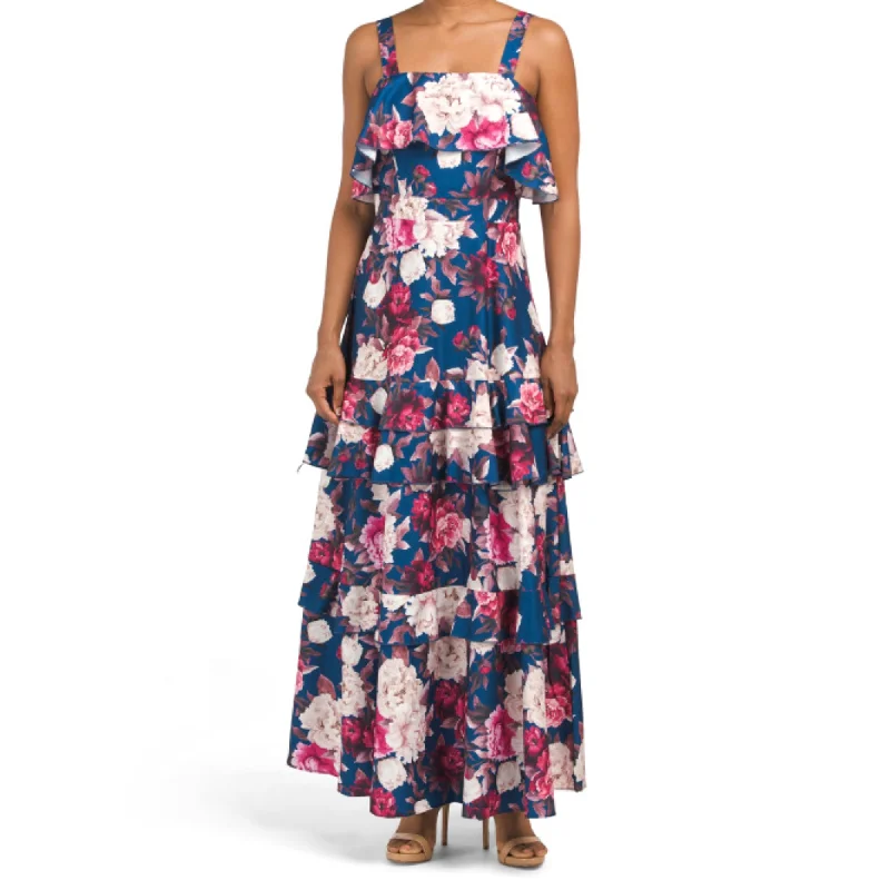 Women's maxi dress minimalist -DALIA MACPHEE Women's Floral Print Ruffle Square Neck Maxi Dress