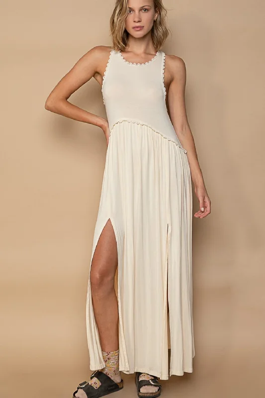 Women's maxi dress fringe -POL Sleeveless Back Zipper Front Slit Maxi Dress