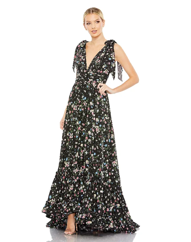 Ladies sleeveless dress semi-formal -Floral Print Soft Tie Sleeveless Tiered Gown