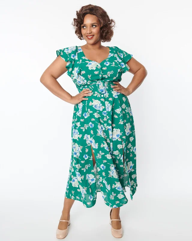 Ladies midi dress luxury -Unique Vintage Green Floral Flutter Sleeve Midi Dress | Green, Floral