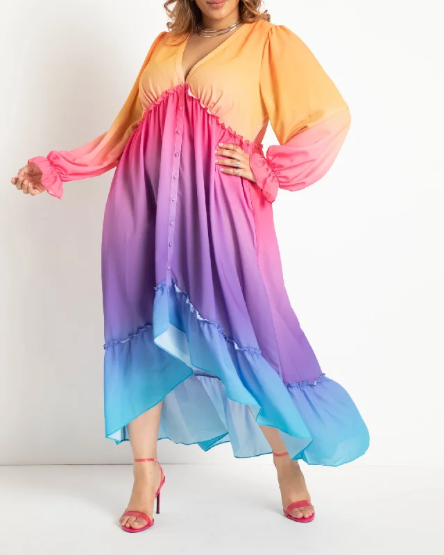 Women's maxi dress long sleeve -Ombre Tiered Maxi Coverup Dress | Ombre Rainbow