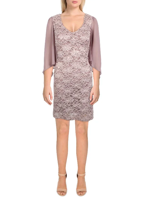 Ladies party dress amethyst -Petites Womens Lace Knee Cocktail and Party Dress