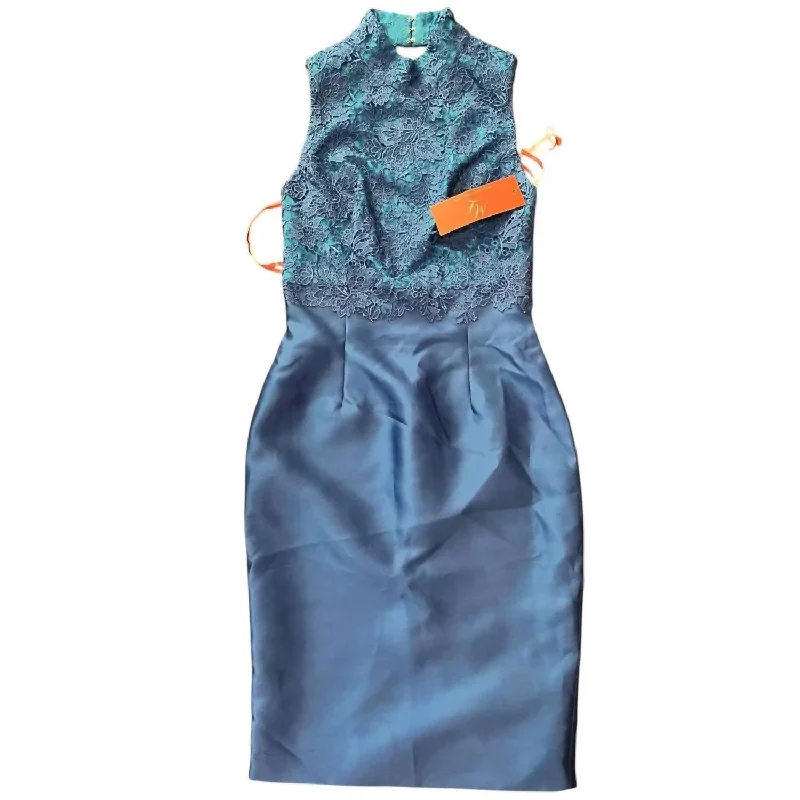 Ladies sleeveless dress asymmetrical -Sleeveless Lace High Neck Sheath Dress In Blue