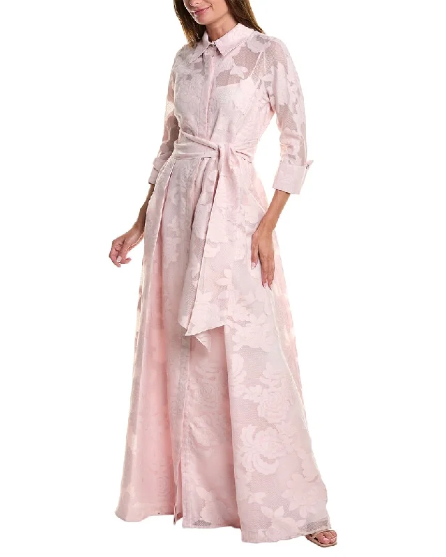 Women's shirt dress smart casual -Teri Jon by Rickie Freeman Jacquard Lace Shirt Gown