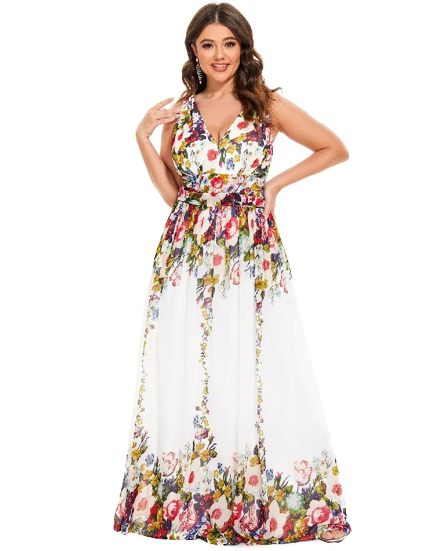 Women's maxi dress high low -Pleated Sleeveless V-Neck Chiffon Maxi Dress | Printed Cream