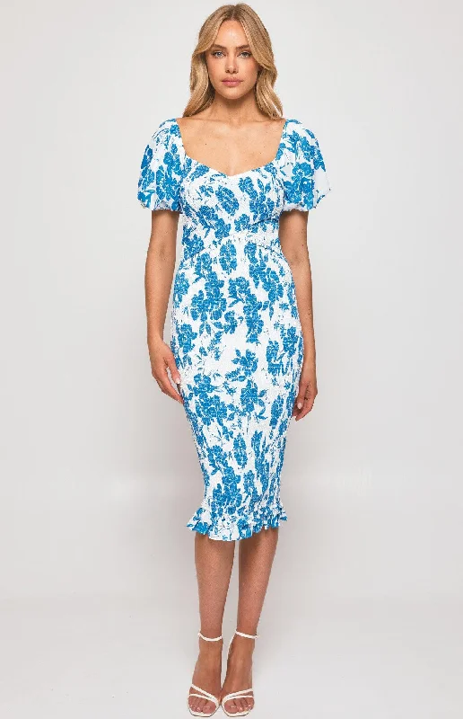 Ladies midi dress A-line -Gia Shirred Midi Dress - Blue