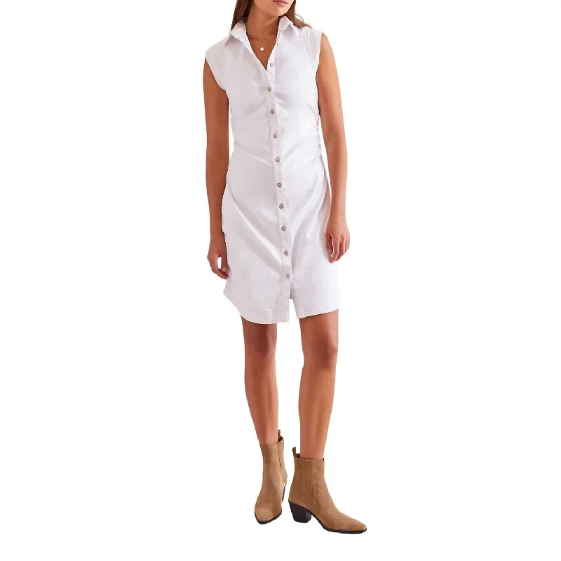 Ladies sleeveless dress easy -Sleeveless Dress With Rushin In White