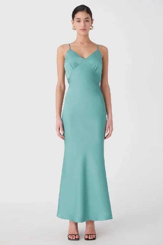 Ladies midi dress minimalist -Misha Vida Satin Midi Dress - Juniper Green