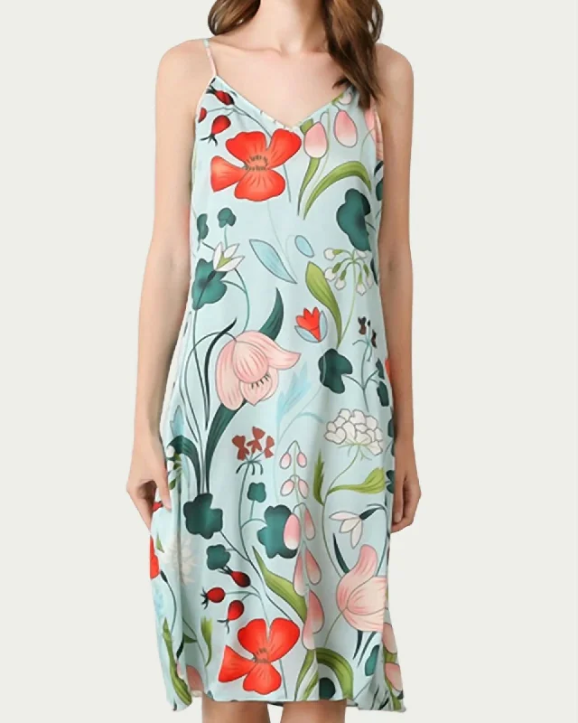 Ladies midi dress khaki -Mulberry Floral-Print Silk Midi Slip Dress in Sky Blue | Sky Blue