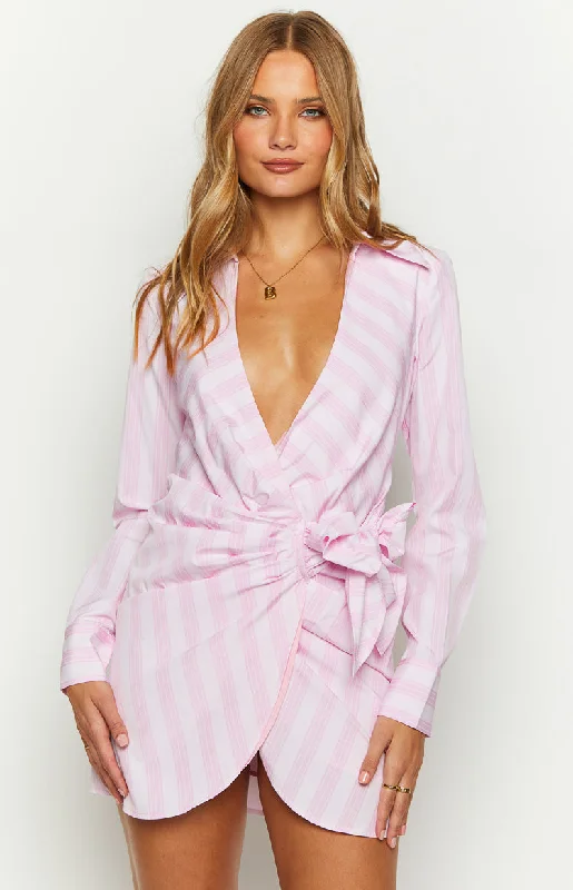 Women's mini dress white -Holly Pink Stripe Tie Up Shirt Mini Dress