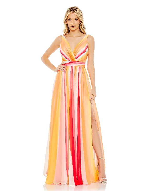 Ladies sleeveless dress periwinkle -Striped Multi Sleeveless Gown