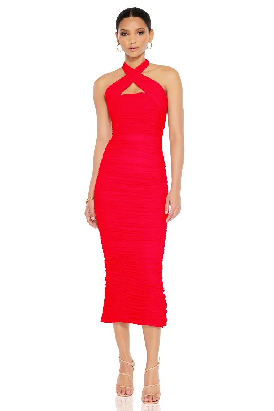 Ladies midi dress cold shoulder -Nookie Monroe Midi Dress - Flame