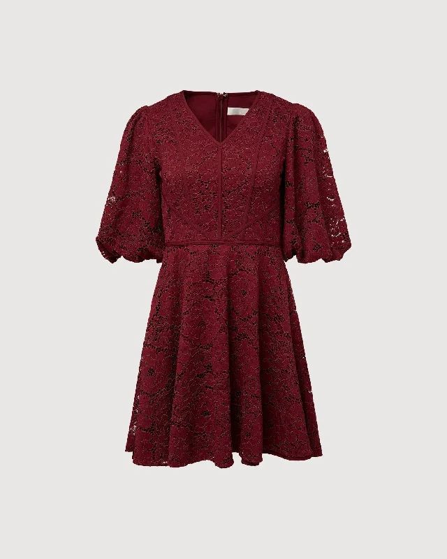 Women's mini dress soft -Rachel Parcell | V-Neck Puff Sleeve Mini Dress | Wine Red