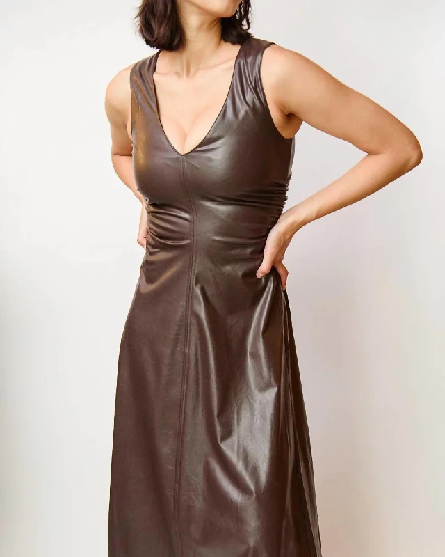 Ladies midi dress balloon sleeve -Sabal Faux Leather Midi Dress in Chocolate | Chocolate