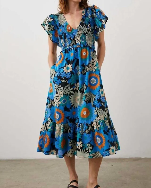 Ladies midi dress square neck -Clementine Cotton Midi Dress in Azul Wildflower | Azul Wildflower