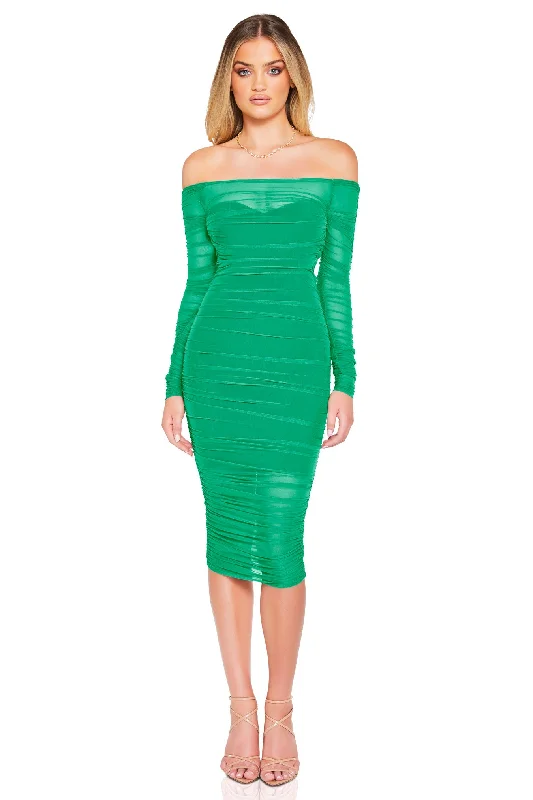 Ladies midi dress illusion neck -Nookie Zen Long Sleeve Midi Dress - Green