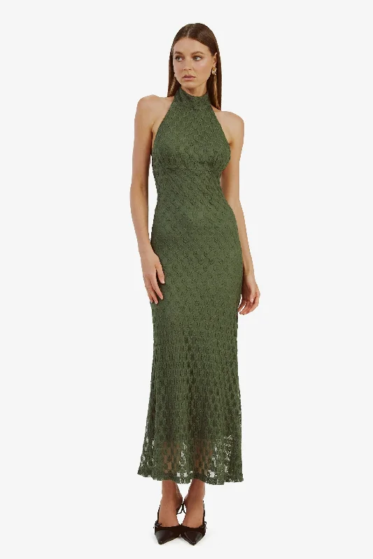 Ladies midi dress lightweight -Adoni Ola Lace Midi Dress - Khaki