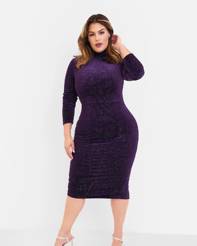 Ladies midi dress checkered -Kerry Velvet High Neck Midi Bodycon Dress - Royal Purple | Purple