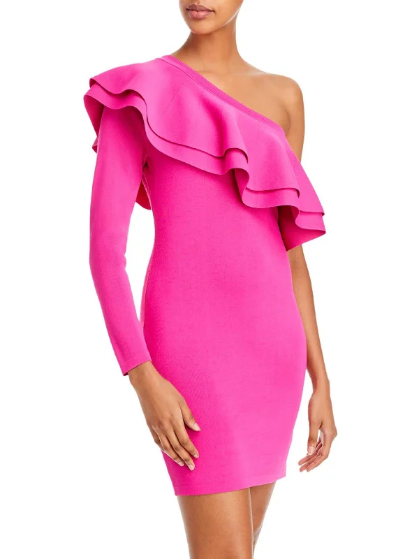 Ladies party dress peach -Womens Ruffled One Shoulder Cocktail and Party Dress