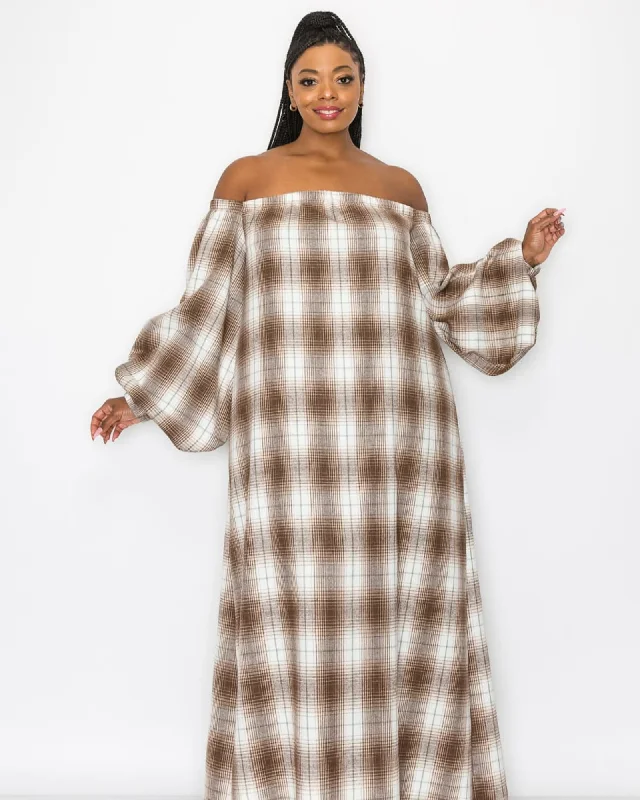 Women's maxi dress handmade -Zoe Flannel Maxi Dress | White/Brown/Sage