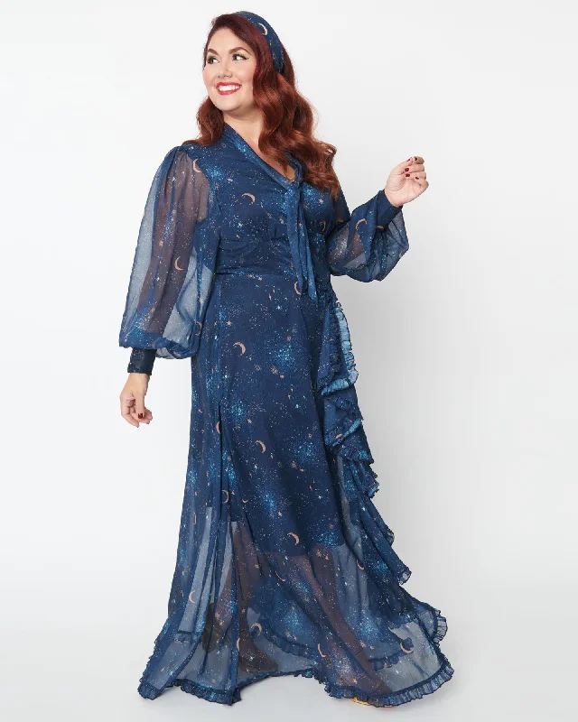 Women's maxi dress off shoulder -Unique Vintage Plus Size Navy & Golden Galaxy Neck Tie Maxi Dress | Navy & Golden Galaxy