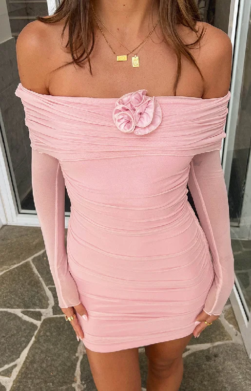 Women's mini dress versatile -Bree Pink Mesh Long Sleeve Mini Dress