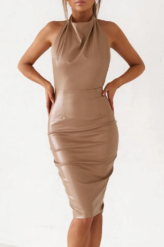 Ladies midi dress coral -Backless Midi Dress - Matte Tan