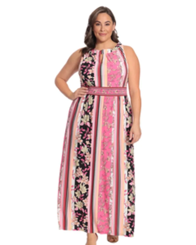 Women's maxi dress date night -Maria Keyhole Halter Maxi Dress | White/Pink