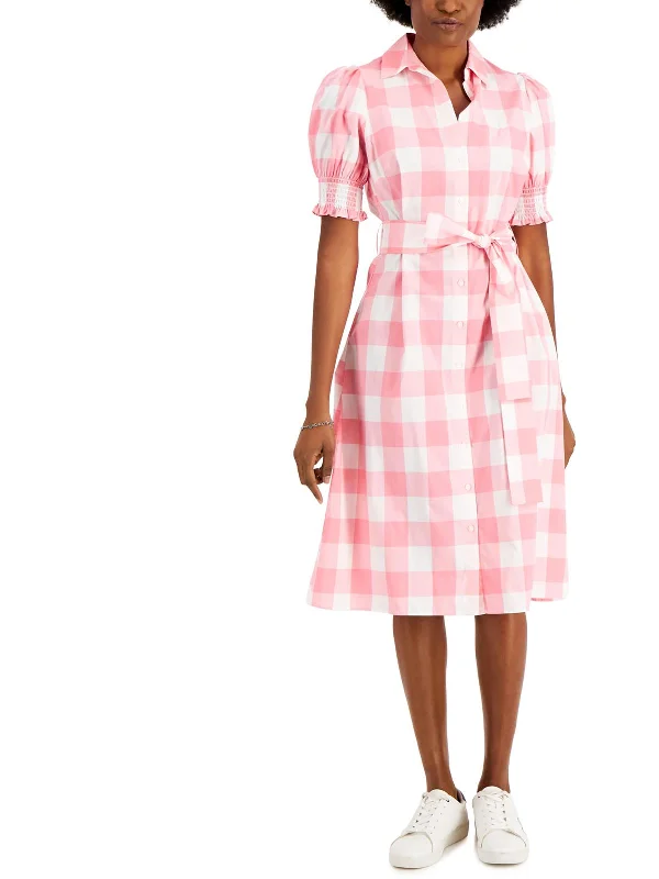 Women's shirt dress star print -Womens Gingham Puff Sleeve Shirtdress