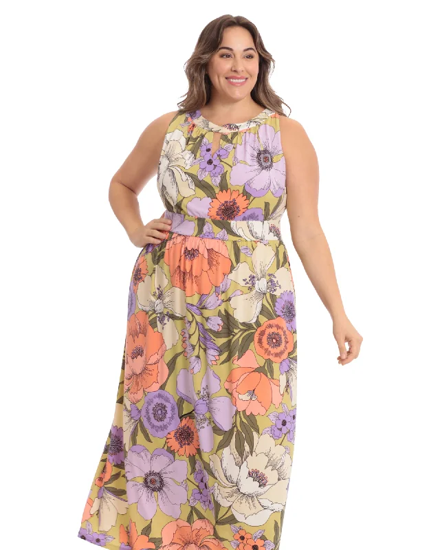 Women's maxi dress wedding guest -Botanical keyhole neck morris maxi dress | Grn/Lilac