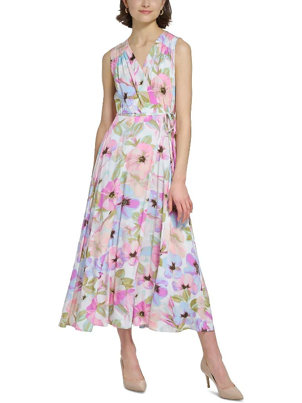 Ladies sleeveless dress breezy -Womens Floral Sleeveless Wrap Dress