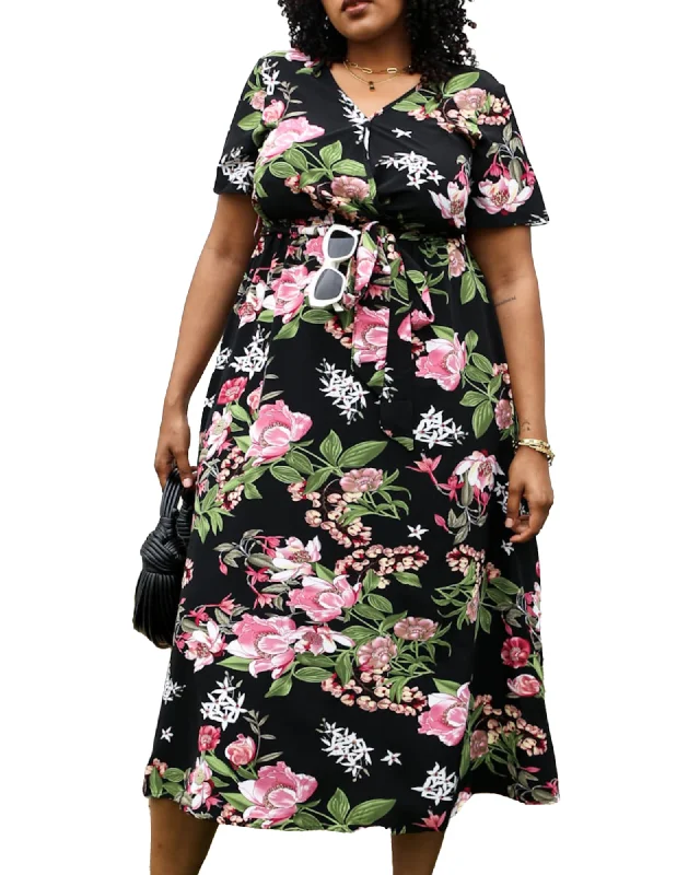 Women's maxi dress pocket -Tropical Floral Tie Waist Flowy Maxi Dress | Black